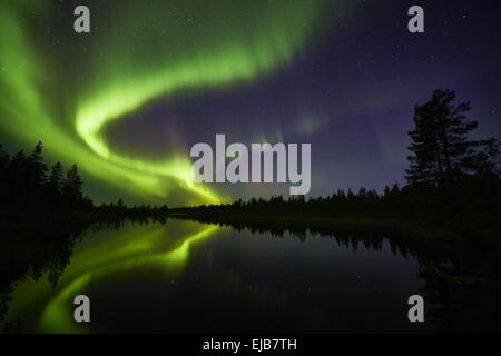 Northern lights riflettendo in un lago, la Lapponia Foto Stock