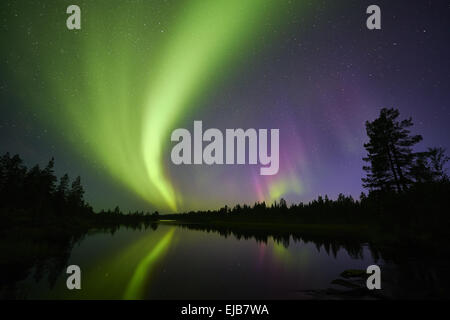 Northern lights riflettendo in un lago, la Lapponia Foto Stock