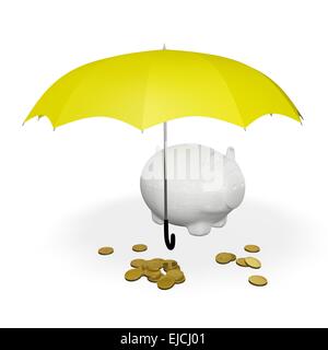 Monete d oro e il salvadanaio sotto ombrellone Foto Stock
