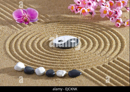 Giapponese giardino zen con yin yang in sabbia Foto Stock