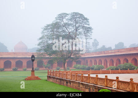 Charbagh o giardino Mughal nella nebbia di mattina Foto Stock