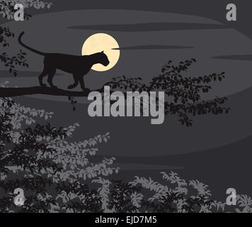 EPS8 vettoriale modificabile illustrazione di esclusione di Leopard su un ramo di albero stagliano contro la luna di notte Illustrazione Vettoriale