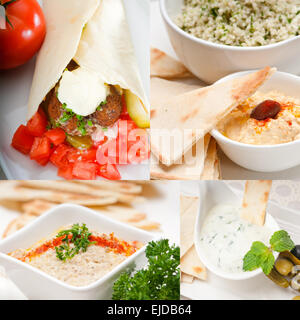 La maggior parte dei popolari araba in Medio Oriente raccolta alimentare,hummus, falafel,mutabal,pane pita Foto Stock