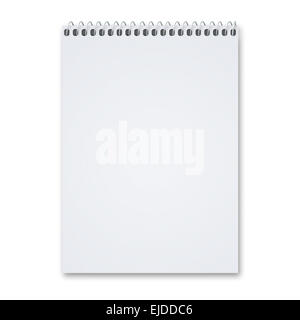 Notebook vuoto sketch pad con spirale metallica con un sacco di spazio copia, isolata su uno sfondo bianco con ombra. Foto Stock