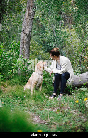 Una donna seduta su un log pacche suo retriever cane. Foto Stock