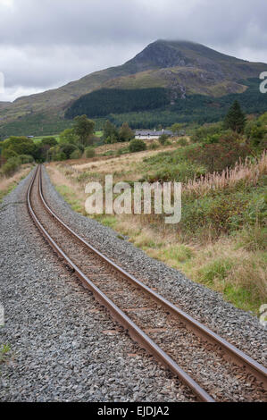 La via del Welsh Highland railway a Beddgelert foresta in Snowdonia, il Galles del Nord. Foto Stock