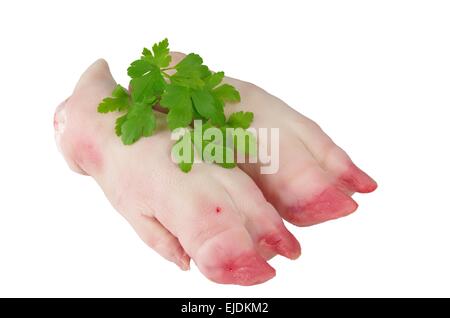 Carne di maiale cruda gambe su di uno sfondo bianco Foto Stock