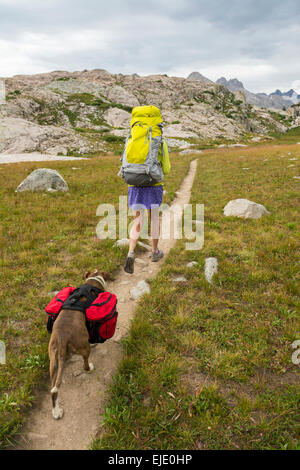 Donna escursionista in bacino Titcomb, Wind River Range, Pinedale, Wyoming. Foto Stock