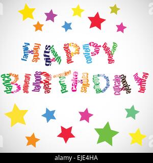 Buon compleanno testo vettoriale con molte parole correlate e colorati a stelle. Illustrazione Vettoriale