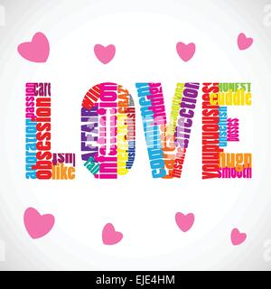 Amore testo vettoriale con molte parole correlate e cuori rosa.