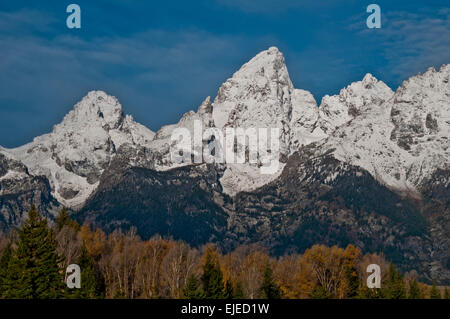 Teton montagne coperte di neve fresca in autunno Foto Stock