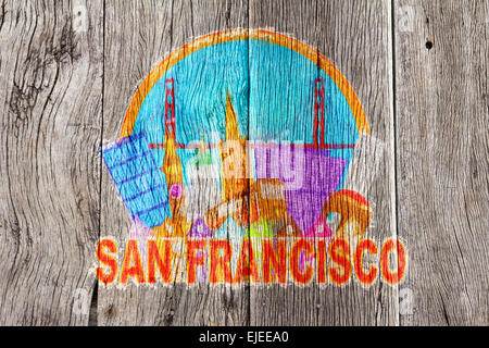 San Francisco Cailfornia Abstract Downtown skyline della città con il Golden Gate Bridge e macchina di cavo isolato su sfondo bianco Impre Foto Stock