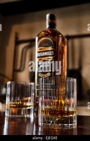 Due bicchieri di Bushmills Black Bush Whiskey con bottiglia su una barra Foto Stock