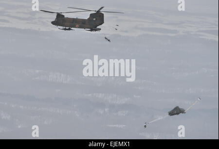 Febbraio 17, 2015, Hokkaido, Giappone : Gli stati degli STATI UNITI Esercito Alaska 4-25 iBCT scendono da CH-47J Chinook da paracadute durante il giunto esercitazione militare " vento del nord 2' con il Giappone del 1° Brigata Aerea di massa Forza di Autodifesa al Yausubetsu Area Formazione in Hokkaido, Giappone, il 17 febbraio 2015. © AFLO/Alamy Live News Foto Stock