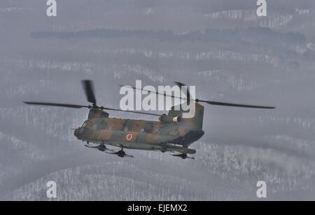 Febbraio 17, 2015, Hokkaido, Giappone : Giappone Terra di autodifesa della forza CH-47J Chinook prendere parte per scendere da paracadute durante il "Vento del Nord 2' CON GLI STATI UNITI Esercito Alaska 4-25 iBCT al Yausubetsu Area Formazione in Hokkaido, Giappone, il 17 febbraio 2015. © AFLO/Alamy Live News Foto Stock