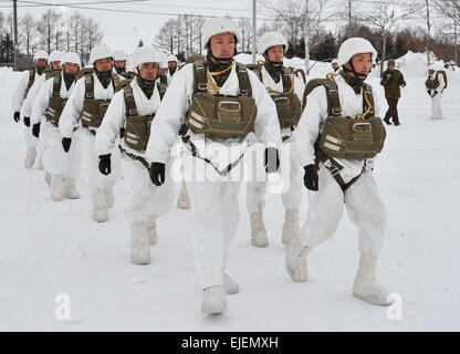 Febbraio 17, 2015, Hokkaido, Giappone : Membro del 1° Brigata Aerea del Giappone terra Forza di Autodifesa imbarco CH-47J Chinook durante il "Vento del Nord 2' CON GLI STATI UNITI Esercito Alaska 4-25 iBCT al Yausubetsu Area Formazione in Hokkaido, Giappone, il 17 febbraio 2015. © AFLO/Alamy Live News Foto Stock