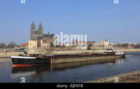 Magdeburg, Germania. 25 Mar, 2015. La nave 'Silja' da Decin, Repubblica Ceca, passeggiate lungo il fiume Elba passato la città di Magdeburgo, Germania, 25 marzo 2015. La gita in barca sul 094-chilometro di fiume è attualmente in esecuzione normalmente. Foto: Jens WOLF/dpa/Alamy Live News Foto Stock