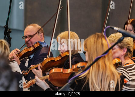 Violini di Vitebsk orchestra sinfonica in una sala da concerto. Foto Stock