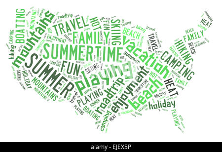 Word cloud in colori estivi che mostra parole trattare con una divertente vacanza estiva nella forma degli Stati Uniti Foto Stock