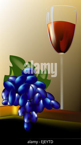 Sul tavolo un bicchiere di vino e un grappolo di uva Foto Stock