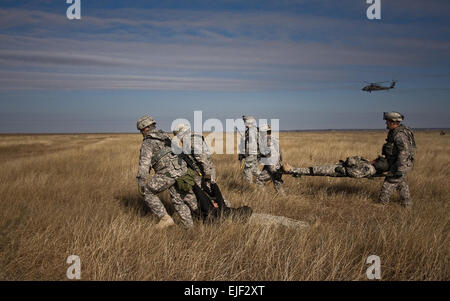 Un UH-60 Black Hawk elicottero fornisce la sicurezza aerea per i soldati nella società F, 3° elicottero assalto battaglione, 227th reggimento di aviazione, 1° aria brigata di cavalleria, 1a divisione di cavalleria, come essi si muovono soldati feriti durante un aereo abbattuto esercitazione gen. 15 su Fort Hood, Texas. Foto Stock