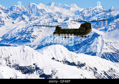 Un U.S. Esercito Alaska Aviation Task Force CH-47 elicottero Chinook vola lungo l'Alaska Range sul suo modo al ghiacciaio Kahiltna maggio 20. Un team di otto soldati e un civile dell'esercito da Fort Wainwright sono state trasportate dalla società B, 1° Battaglione, 52nd reggimento di aviazione a servizio del Parco Nazionale del campo base sul ghiacciaio per iniziare il loro tentativo di salire il monte McKinley, America del Nord il picco più alto. I membri del team sono rappresentanti di Stati Uniti Esercito Alaska settentrionale, Warfare Training Center e il 1 ° Stryker Brigade Combat Team, XXV divisione di fanteria. Foto esercito/John Pennell Foto Stock