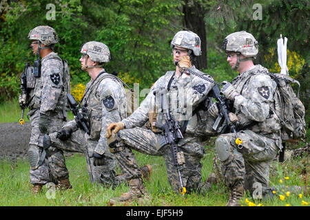 Soldati del secondo battaglione, XXIII Reggimento di Fanteria, quarto Stryker Brigade Combat Team, seconda divisione di fanteria condotta mission-compito essenziale elenco air assault formazione a base comune corda Lewis-Mc22 maggio prima della brigata di rotazione al Centro Nazionale di Allenamento, Ft. Irwin, ca. Nel mese di giugno. Foto Stock