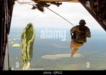 Un U.S. Soldato dell'esercito salti dalla rampa di un velivolo C-130 durante una operazione di aerei sulla Fort Bragg, N.C., commemorando l'invasione aerotrasportata di Normandia, giugno 6, 2009. Il soldato è assegnato al ventottesimo combattere ospedale di supporto. Stati Uniti Army Sgt. Il Mag. Kelly C. lucentezza / / Foto Stock