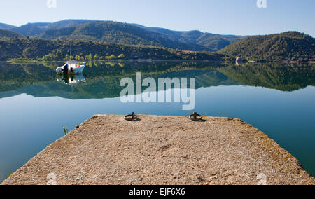 Concret pier paesaggio del serbatoio Anguix, Guadalajara, Spagna Foto Stock