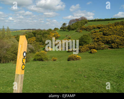 Leicestershire Round a lunga distanza sentiero di campagna e segno vicino Burrough Hill, Leicestershire, Inghilterra, Regno Unito. Foto Stock