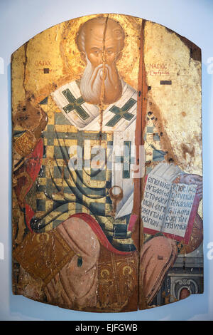 Ornati in Greco Ortodossa iconica religiosa pittura dei Santi in galleria al monastero di Paleokastritsa di Corfù, , Grecia Foto Stock