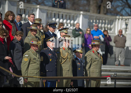 Stati Uniti Army Sgt. Il Mag. Raymond F. Chandler III, sergente maggiore dell'esercito e esercito australiano funzionari stand ad attenzione durante una ghirlanda di cerimonia di posa presso la tomba del Milite Ignoto in Al Cimitero Nazionale di Arlington in Arlington, Virginia Febbraio 9, 2012. Stati Uniti Il personale dell'esercito Sgt. Teddy Wade Foto Stock