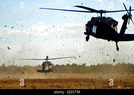 Due UH-60 Black Hawk elicotteri terra sulla formazione varia a scendere U.S. I soldati dell esercito durante un air-assalto, live-fire esercitazione sulla Fort Bragg, N.C., 3 aprile 2009. I soldati sono assegnato all'ottantaduesima Airborne Division della società C, 2° Battaglione, 504th Parachute Reggimento di Fanteria, 1° Brigata Team di combattimento. Spc. Benjamin Watson Foto Stock