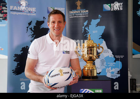 Londra, Regno Unito. Il 26 marzo 2015. Inghilterra Rugby 2015 ambasciatore otterrà Greenwood all'Inghilterra 2015 Official Fan Zone e località Webb Ellis Cup UK e Irlanda Tour annuncio. Credito: Elsie Kibue/Alamy Live News Foto Stock