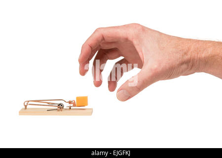 Mano umana per raggiungere un grande pezzo di formaggio cheddar posto come esca in un classico mouse a molla trappola. Foto Stock