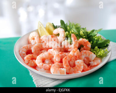 Gamberi freschi e insalata serviti su un piatto pronto per mangiare Foto Stock