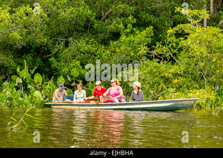 I turisti la pesca leggendario pesce Piranha in Amazzonia ecuadoriana giungla primaria Foto Stock