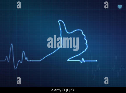 Thumbs up blip sagomata su un cuore mediche (monitor ECG - elettrocardiogramma) con sfondo blu e il simbolo del cuore. Foto Stock