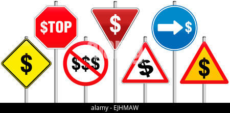 Sette segni su strada con i simboli di dollaro, riguardanti denaro e alle problematiche aziendali. Foto Stock