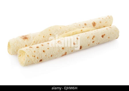La piadina, italiano tortilla avvolge vuota isolata su bianco, percorso di clipping incluso Foto Stock