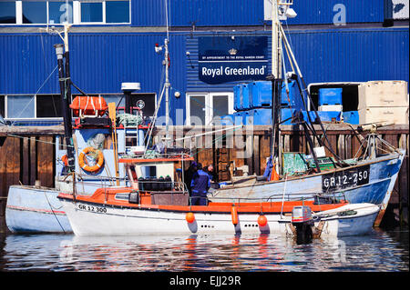 ILLULISAT, QAASUITSUP / Groenlandia - 17 giugno: barche da pesca al di fuori di una fabbrica di pesce in Illulisat, Groenlandia il 17 giugno, 2013 Foto Stock