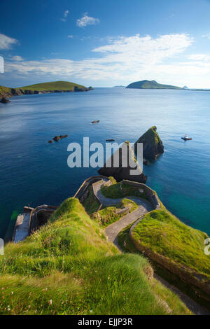 Strada scendendo a Dunquin Harbour, con grande Blasket Island in distanza. Penisola di Dingle, nella contea di Kerry, Irlanda. Foto Stock