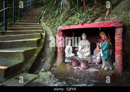 Santuario all'aperto contenente le statue della dea della misericordia e Guan Yu, hong kong Foto Stock