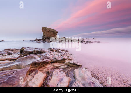 Una pila di mare a Charlie's Garden, Northumberland, ad alta marea e di un bel rosa color pastello del tramonto, esposizione a lungo mare lattiginoso. Foto Stock