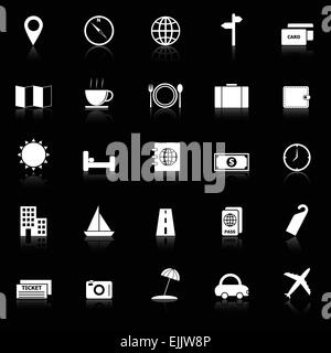 Icone di viaggio con riflettere su sfondo nero, vettore di stock Illustrazione Vettoriale
