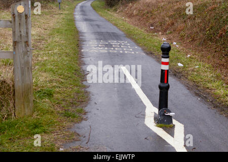 Tarka Trail cycle lane warning per rallentare il segno e simboli in Fremington, Devon, Inghilterra Foto Stock