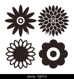 Flower icon set - gerbera, crisantemo, girasole e daisy isolati su sfondo bianco Foto Stock