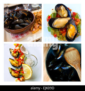 Piatti di cozze su un collage Foto Stock