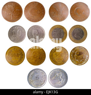 Diverse vecchie monete turco isolati su sfondo bianco Foto Stock