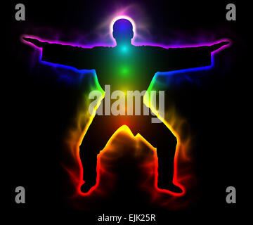 Rainbow samurai master con aura e chakra - silhouette Foto Stock